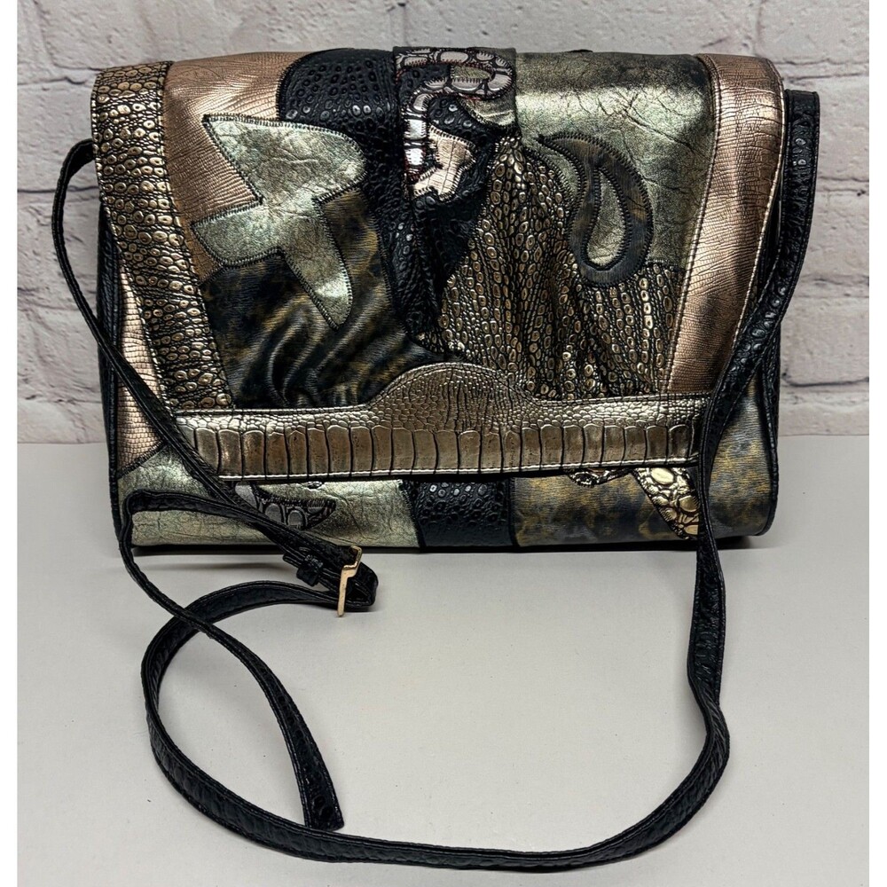 Vtg Purse 80s 90s Metallic Faux Snake Leather Black Gold Silver Bold Print